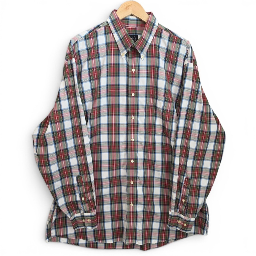 Jos A Bank Shirt Mens XL Red Plaid Button Down Traveler Collection Cotton Casual